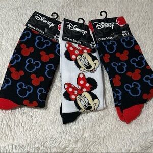 DISNEY 3 pairs Mickey & Minnie Adorable Crew Socks sizes 9-13 NEW perfect gifts!